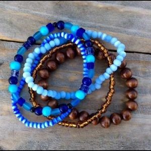 5 pc Cats Eye, Glass, and Wood Bracelet Set